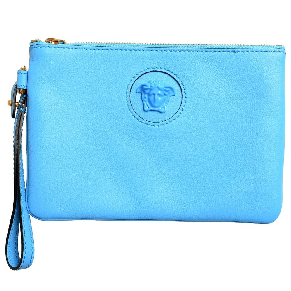 Versace Women's Blue 100% Pebbled Leather Medusa Embellished Handbag Clutch Bag